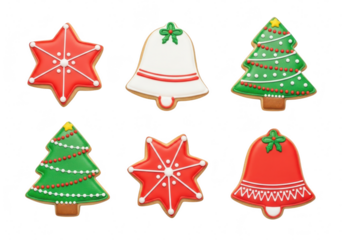 Festive christmas cookies, shaped like stars, bells, and christmas trees, decorated with colorful icing and sprinkles, perfect for holiday treats and celebrations isolated on a transparent background	