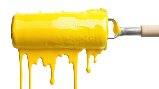 A yellow paint roller with yellow paint dripping off of it, isolated on a transparent background