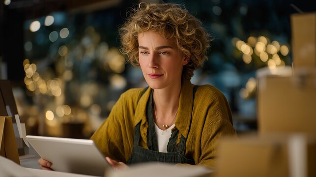 Boutique business owner designing sustainable packaging with 3D modeling software on a tablet or computer, surrounded by prototypes, representing eco-friendly product design, creative