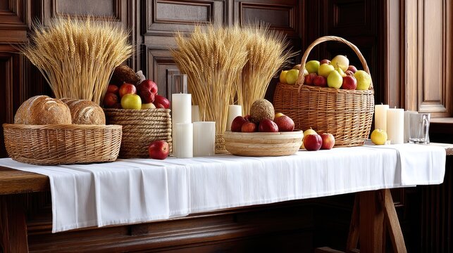 A rustic wooden table displays bread, wine glasses, fruits, and candles, creating a warm atmosphere for a friendly gathering