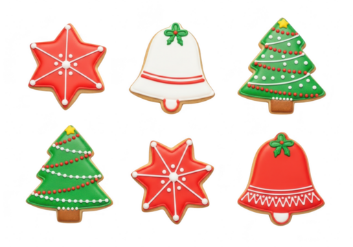 Festive christmas cookies, shaped like stars, bells, and christmas trees, decorated with colorful icing and sprinkles, perfect for holiday treats and celebrations isolated on a transparent background	