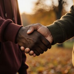 Two hands, two worlds, one firm shake—no flags, no words, just pure human connection. A moment of unity between cultures, captured in perfect detail: skin tones, textures, light, and quiet dignity. Th