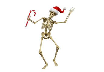 A humorous skeleton, wearing a santa hat and holding a candy cane, dancing with joy, perfect for adding a spooky and festive touch to your holiday designs isolated on a transparent background	
