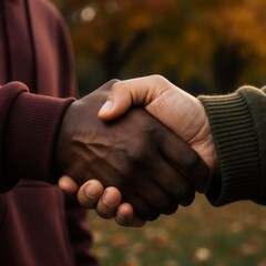 Two hands, two worlds, one firm shake—no flags, no words, just pure human connection. A moment of unity between cultures, captured in perfect detail: skin tones, textures, light, and quiet dignity. Th
