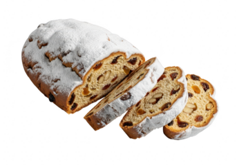 Delicious stollen, a traditional german christmas bread with dried fruits and powdered sugar, sliced to reveal its rich and flavorful filling isolated on a transparent background	