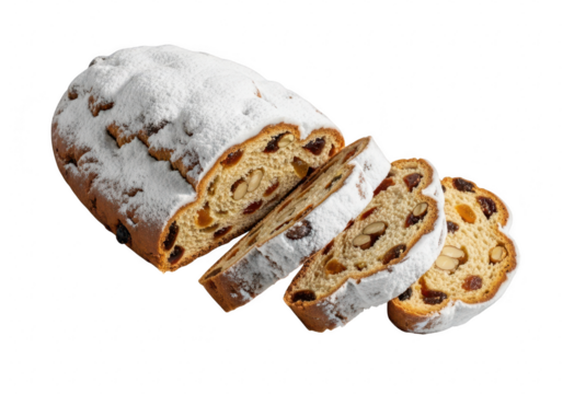 Delicious stollen, a traditional german christmas bread with dried fruits and powdered sugar, sliced to reveal its rich and flavorful filling isolated on a transparent background	 - Powered by Adobe