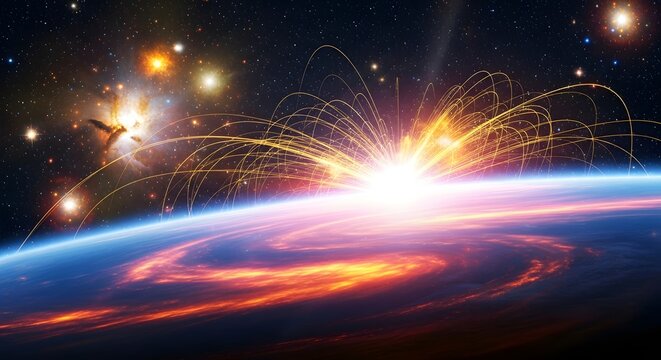 Explosion on planet with stars and galaxies creative illustration digital rendering