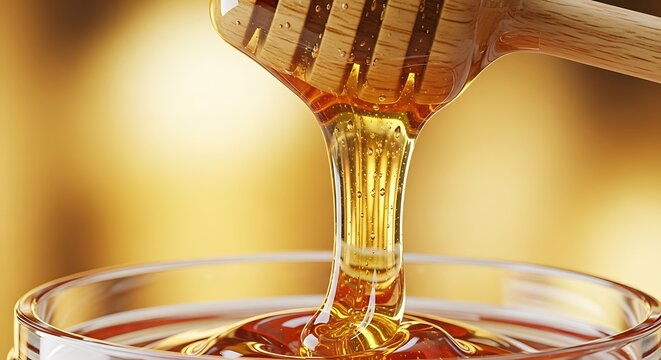 Close-up view of golden liquid honey slowly dripping from a wooden dipper into a clear glass jar, highlighting its rich texture and natural sweetness