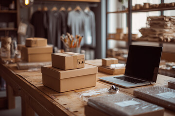 entrepreneur prepares shipping parcels, natural light enhances sustainable retail packaging experience