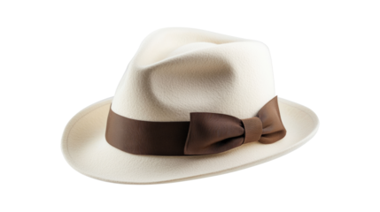 A white hat with a brown ribbon tied around it, isolated on a transparent background