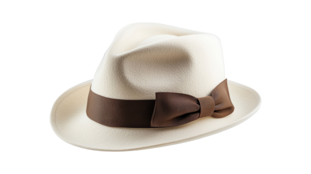 A white hat with a brown ribbon tied around it, isolated on a transparent background - Powered by Adobe