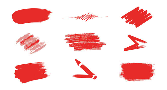 Collection of nine abstract red brush stroke and paint splash elements on a white background