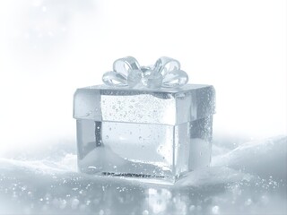 An elegant, frosted ice Cloud Dancer gift box 2026 with a delicate ribbon, surrounded by soft snowflakes and bubbles, creating a serene winter atmosphere. Ideal for holiday, luxury, gift