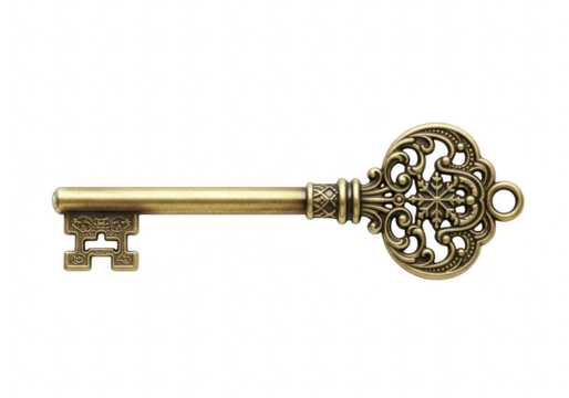 Antique brass key with intricate design, a vintage symbol of access, mystery, and history isolated on a transparent background	
