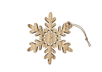 Wooden snowflake ornament with jute string rustic christmas decoration with natural wood grain and intricate design, perfect for holiday crafts and decor isolated on a transparent background	