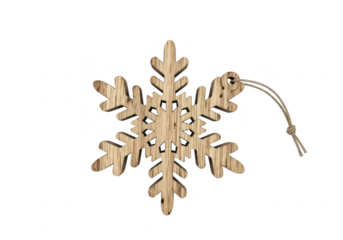 Wooden snowflake ornament with jute string rustic christmas decoration with natural wood grain and intricate design, perfect for holiday crafts and decor isolated on a transparent background	