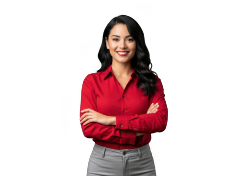 Smiling young woman with long dark wavy hair wearing a red collared shirt and grey pants with arms crossed isolated on transparent background