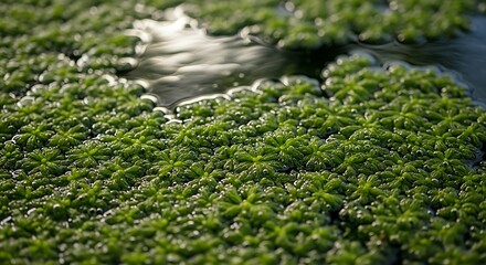 Close-up view of vibrant green aquatic plants densely covering the tranquil water surface, creating a rich natural texture and reflecting soft sunlight in a serene environment
