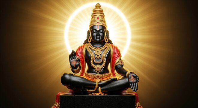 Lord Ayyappa Murti. Golden Divine Aura. Devotional Art Background.