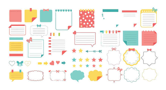 Colorful collection of hand drawn sticky notes and bullet journal elements for planning and organization