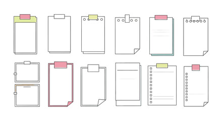 Collection of hand drawn to do lists and checklists on clipboards with colorful clips and notes