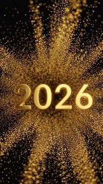 Golden 2026: An elegant rendering of the year 2026, crafted in shimmering gold, bursting forth against a mesmerizing backdrop of scattered golden particles. A symbol of anticipation.