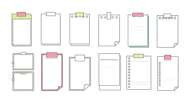 Collection of hand drawn to do lists and checklists on clipboards with colorful clips and notes