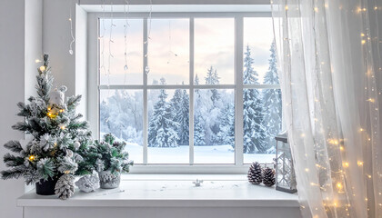 A Christmas composition featuring a window with a winter landscape and Christmas decorations on it.