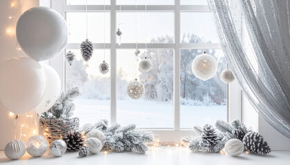 A Christmas composition featuring a window with a winter landscape and Christmas decorations on it.