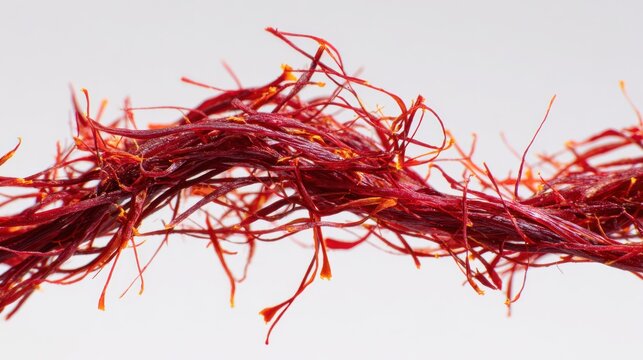 Saffron threads detail red spice filaments, yellow tips, against white