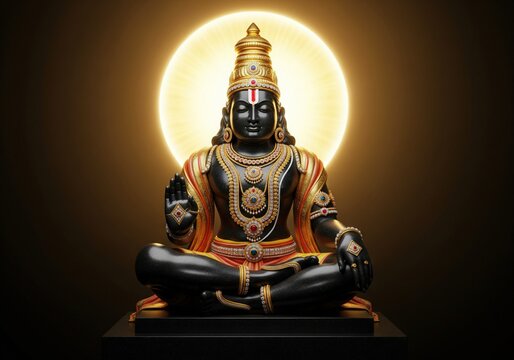 Lord Ayyappa Murti. Golden Divine Aura. Devotional Art Background.