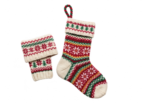 Handcrafted wool christmas stocking and matching cuff, , showcasing intricate knit patterns of snowflakes, trees, and stripes in festive red, green, and cream hues isolated on a transparent background