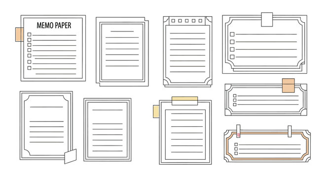 Collection of hand drawn journaling pages and note taking templates with washi tape accents