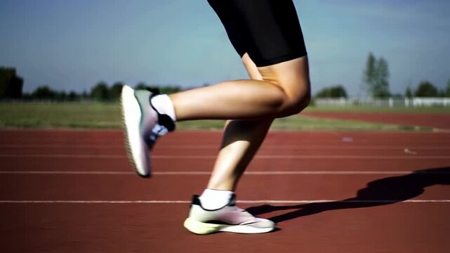 Closeup of a runners legs while running on a college school track landscape background during a warm sunny day