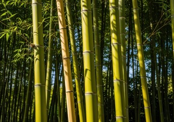 Fototapeta premium Sunlight filtering through a dense grove of tall green bamboo stalks