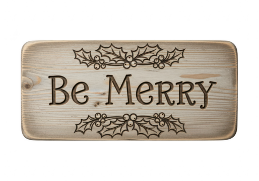 Rustic wooden sign with the phrase be merry engraved in an elegant font, adorned with delicate holly leaves and berries, a festive decoration for the  holiday season isolated on a transparent backgrou