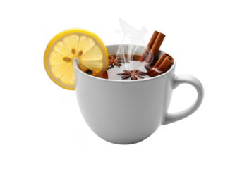 A cup of hot toddy with lemon, cinnamon sticks, and star anise, this comforting beverage is perfect for cold winter days and flu season isolated on a transparent background	