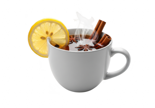 A cup of hot toddy with lemon, cinnamon sticks, and star anise, this comforting beverage is perfect for cold winter days and flu season isolated on a transparent background	