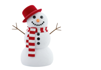 Festive snowman with red hat and striped scarf isolated PNG, winter holiday character for Christmas and New Year designs