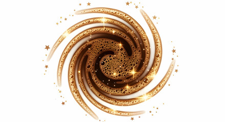 Dynamic Coffee Foam Spiral Pattern with Glitter Stars and Bubbles Isolated.