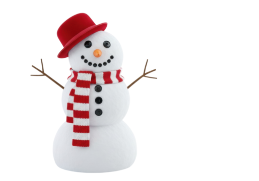 Festive snowman with red hat and striped scarf isolated PNG, winter holiday character for Christmas and New Year designs