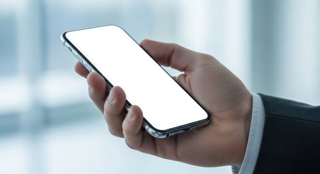 Business professional holding a smartphone with a blank screen in office setting