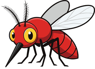 Cartoon mosquito with exaggerated features and red body, vector illustration for educational themes, pest awareness, and editorial insect content