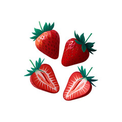 Fresh, ripe red strawberry and sliced halves isolated on a clean white background, highlighting healthy organic fruit, perfect for food and dessert concepts