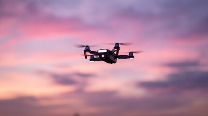 Drone flies mid-air with vibrant pink, purple, and orange sunset sky