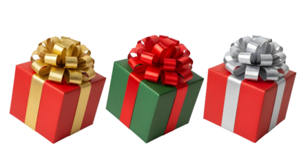 Three colorful gift boxes with bows, isolated on transparent background