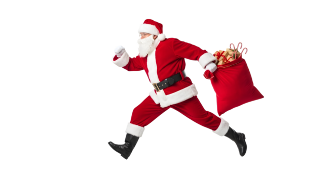 Santa claus running with a sack of gifts, isolated on transparent background