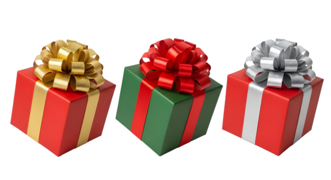 Three colorful gift boxes with bows, isolated on transparent background