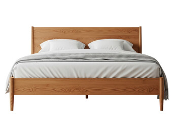 Modern wooden bed with white linens isolated on transparent PNG, bedroom furniture for interior design and home decor projects