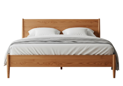 Modern wooden bed with white linens isolated on transparent PNG, bedroom furniture for interior design and home decor projects - Powered by Adobe